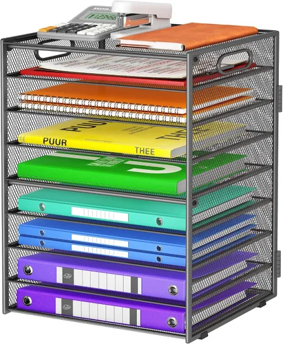 Miniatura 14 de Cawukege Organizador de papel de 9 niveles con asa, organizador de escritorio de gran capacidad, carpeta de archivos de malla, bandeja de papel