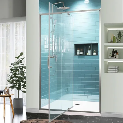 Miniatura 19 de GroGro 56-60" W x 71" H Mampara de ducha giratoria de vidrio semisin marco, vidrio templado transparente de 1/4" (6mm) SGCC, acabado cromo, Cromado