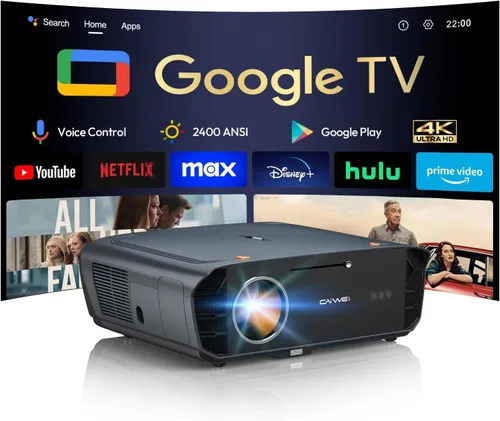 Proyector de TV Google 4K, 2400 ANSI Proyector inteligente diurno con HDR10, enfoque automático ToF, ventilador de refrigeración AI, Dolby, HDMI