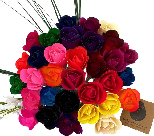 Miniatura 17 de Ramos originales de rosas de madera en 1, 2, o 3 docenas, Madera de abedul, Todo rojo, 1 Docena