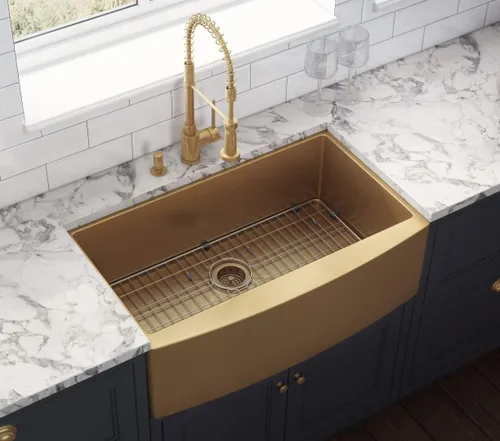 Miniatura 4 de Ruvati RVH9733GG - Fregadero de cocina estilo casa de campo con delantal frontal de 33 pulgadas, tono latón, cuenco individual de acero inoxidable