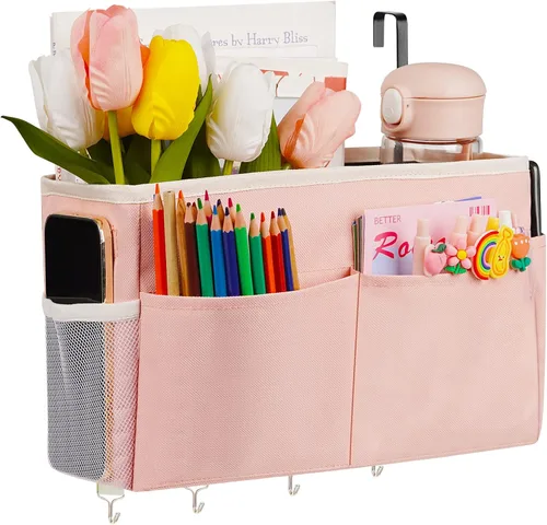 Miniatura 14 de Organizador de almacenamiento de mesita de noche, 5 bolsillos con 4 ganchos, bolsa de almacenamiento colgante para cabeceros/literas (gris)