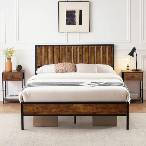 Miniatura 3 de IDEALHOUSE Base de cama Queen con cabecera de madera, marco de cama de metal con plataforma Queen con 14 listones de acero resistente, más