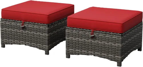 Miniatura 10 de Juego de 2 otomanas para patio, 22 x 22 x 18 pulgadas, reposapiés de mimbre para exteriores con cojín, azul, para jardín, patio trasero, cubierta