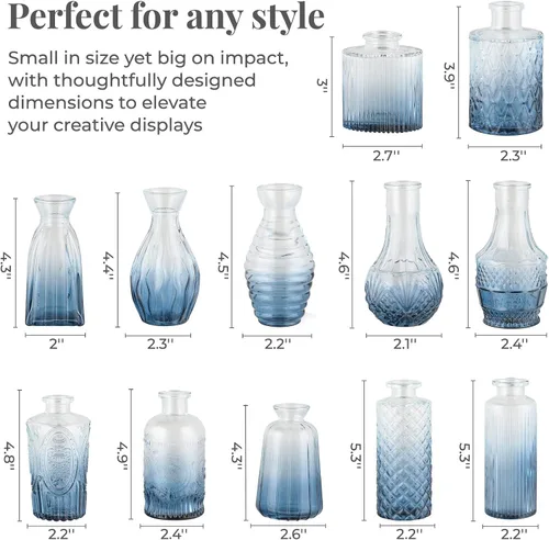Miniatura 2 de Paquete de 12 jarrones de flores azules BEAHOT para decoración de boda, jarrón de cristal para decoración de mesa, jarrón pequeño para el hogar, día