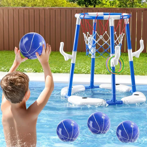 Miniatura 9 de JUKUDAHU Aro de baloncesto para piscina, juguetes de piscina para niños de 4 a 8 años, juego de anillo flotante 2 en 1 con 4 bolas y bomba, juguete