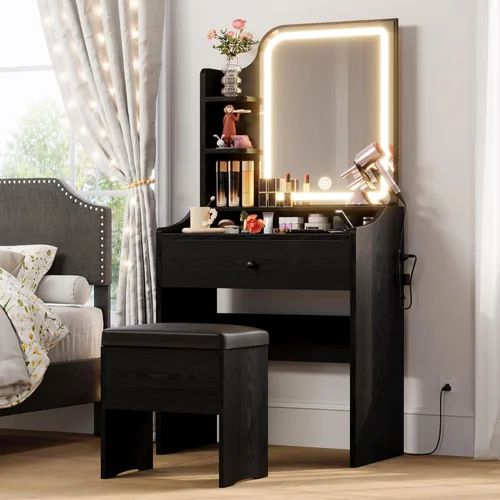 LIKIMIO Tocador pequeño para maquillaje con espejo y luces, juego de tocador con taburete, cajón de almacenamiento y tres estantes, para dormitorio,