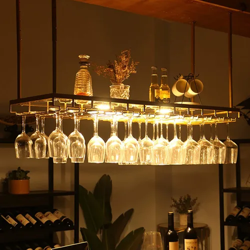 Estante rústico para vino montado en la pared con soporte para luz y vidrio, barra colgante ajustable para copas de vino, soporte para botellas,