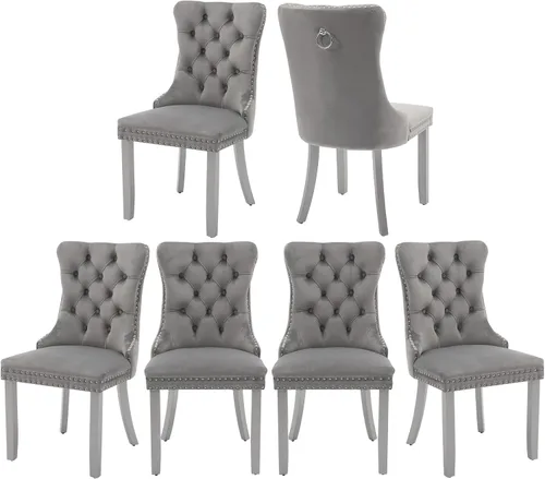 Miniatura 22 de Juego de 2 sillas de comedor de terciopelo, silla de comedor tapizada de alta gama con tirador de anillo en la espalda, adorno de clavos y patas