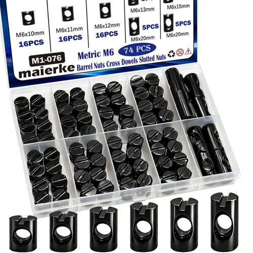 Miniatura 8 de Kit de 72 tuercas métricas M6 de barril con orificio cruzado, para muebles, camas, cunas y sillas (M6 x 11mm/12mm/13mm/15mm/20mm)