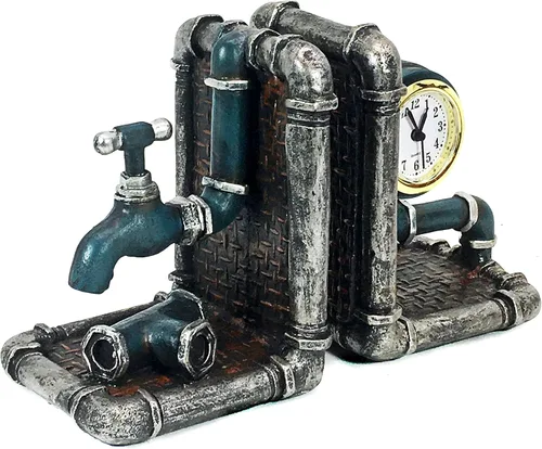 Bellaa 22852 Sujetalibros decorativos industriales con extremos de libros de tubería Steampunk Vintage Tap Clock rústico retro casa oficina