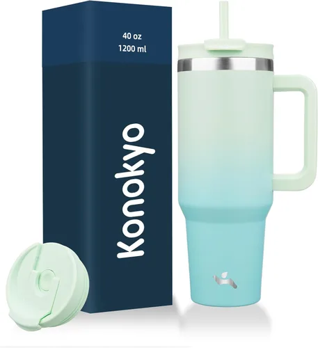 Miniatura 43 de Konokyo - Vaso de 40 onzas con asa y 2 pajillas, botella de agua aislada 2 en 1 con tapa. Taza de viaje de acero inoxidable para café, flores