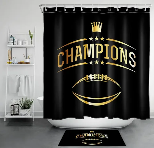 Miniatura 7 de LB Cortina de ducha de fútbol americano, juego deportivo, acuarela, fondo negro, cortina de baño de dibujos animados, tela de poliéster decorativa