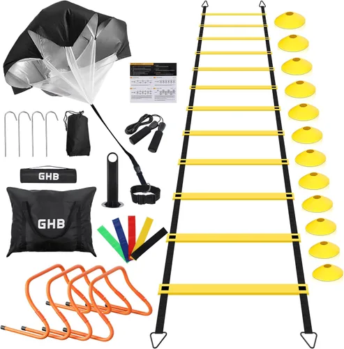 Miniatura 10 de GHB Agility Ladder,Football Training Equipment Set,4 Agility Hurdles, 20 feet12 Rungs Speed Ladder,12 Disc Cones,Resistance Parachute, Jump Rope, 5