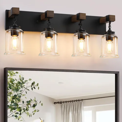 Miniatura 10 de VbiTmn Lámparas de Baño Estilo Granja, Lámpara de Tocador de Baño de 3 Luces Negro Mate, Estilo Industrial con Pantallas de Vidrio Transparente