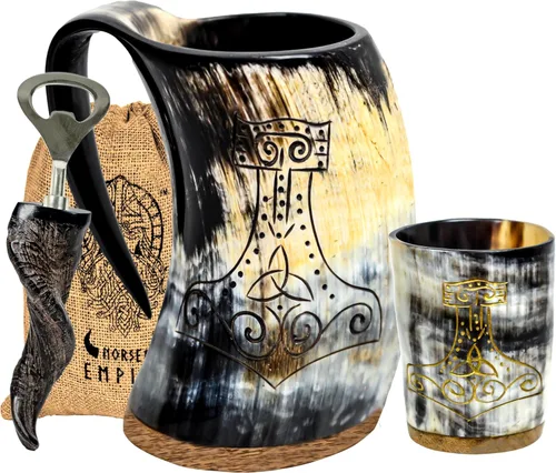 Taza de cuerno de buey vikingo, 16–20 oz (Worthy Mjolnir) Taza de cuerno de buey y stein de café | Elegante y hecha a mano para hombres y mujeres,