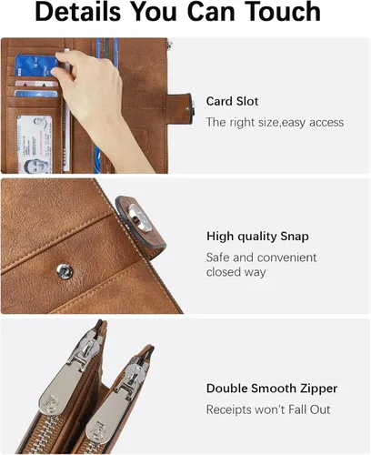 Miniatura 5 de BOSTANTEN Carteras de cuero para mujer con bloqueo RFID de gran capacidad, tarjetero triple para mujer