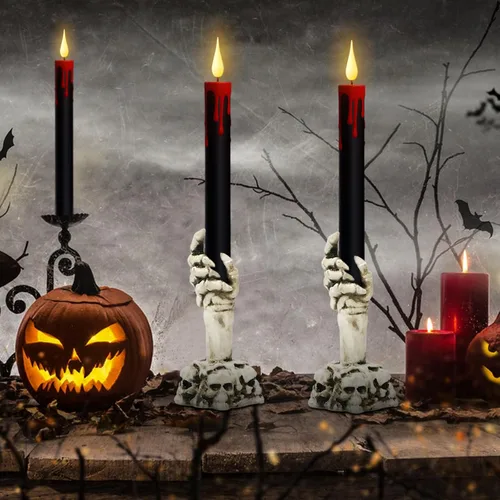 Miniatura 2 de GenSwin Velas cónicas sin llama de Halloween en negro con candelabros de mano de fantasma y temporizador remoto, 2 piezas de velas cónicas operadas