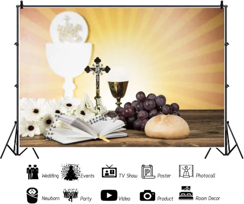 Miniatura 3 de Telón de fondo de poliéster de 5 x 3 pies para fiesta de bautismo, primera comunión, cruz, grial, uvas, pan, cruz dorada, Dios bendiga fotografía