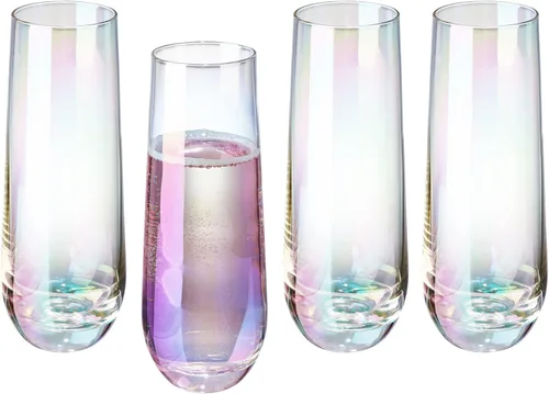 Miniatura 6 de MyGift Juego de 4 copas de champán modernas de 9 onzas, vino espumoso iridiscente, vino Prosecco transparente arcoíris, juego de mimosa de cóctel