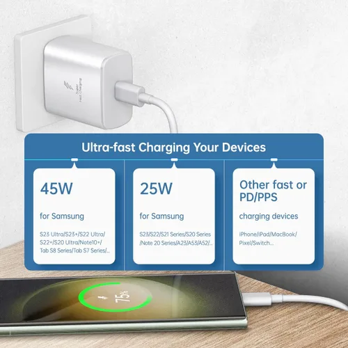 Miniatura 5 de Cargador Samsung de 45 W, carga súper rápida, USB tipo C, PD PPS para Samsung Galaxy S26 S25 S24 S23 S22 Ultra Plus Tab S8 S7 Fe Ultra Plus S21 A53