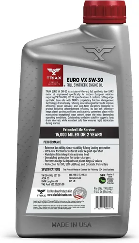 Miniatura 8 de TRIAX Euro VX 5W-30 Full Synthetic Ester, compatible con VW 507.00/504.00, VW Audi 502.00, 505.01, BMW LL-04, Porsche C30, ACEA C3, Mercedes 229.51