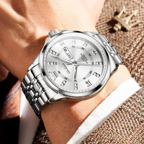 Miniatura 22 de OLEVS - Relojes de diamantes para hombres, relojes de vestir a prueba de agua, relojes analógicos de cuarzo de lujo con calendario de fecha y correa