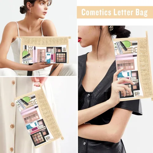 Miniatura 5 de Bolsa de maquillaje transparente bohemia con cremallera para cosméticos, bolsa de aseo transparente, bolsa de aseo de viaje, pequeña bolsa de letras