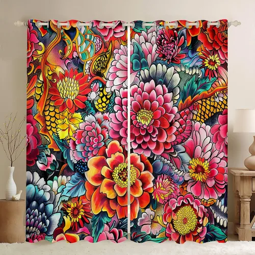 Cortinas bohemias florales para ventana para dormitorio, cortinas de flores trippy, cortinas botánicas de tratamiento de ventanas, cortinas de