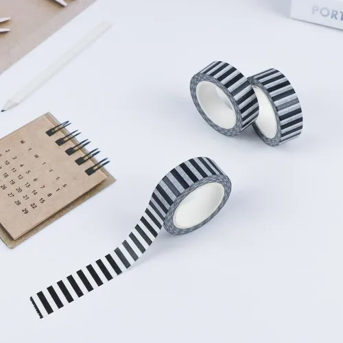Miniatura 6 de MEI YI TIAN Juego de 3 cintas Washi de rayas negras, etiquetado de papel decorativo, cintas adhesivas para bricolaje, decoración de diario