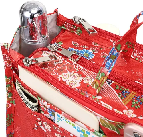 Miniatura 5 de BTSKY Organizador de bolsas de impresión dentro del bolso, organizador de bolsa de alta capacidad con 13 bolsillos con asa (flor festiva)