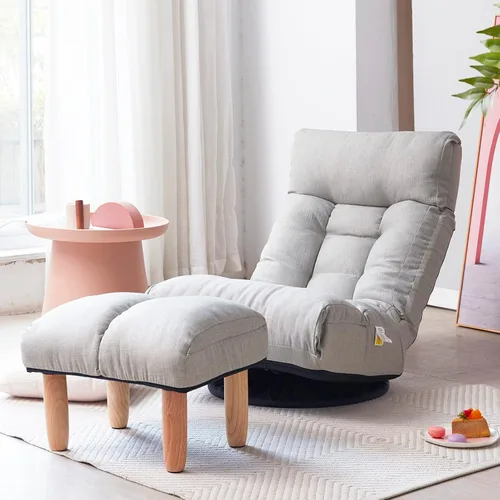 Silla giratoria de 360 grados para juegos, silla de piso plegable con respaldo ajustable, tumbona acolchada para interiores con taburete, sofá