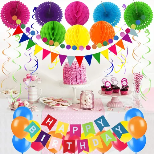Miniatura 5 de ZERODECO Decoración de fiesta de cumpleaños, pancarta multicolor de feliz cumpleaños con abanicos de papel, bolas de nido de abeja, banderines