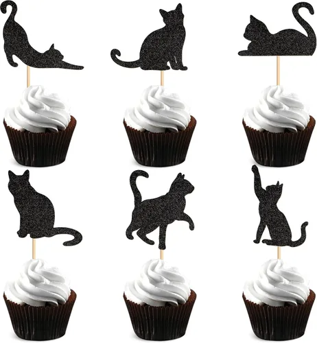 Miniatura 9 de 1 pieza de decoración de pastel de cumpleaños de gatito negro con purpurina para pastel de cumpleaños para amantes de los gatos, baby shower, niños