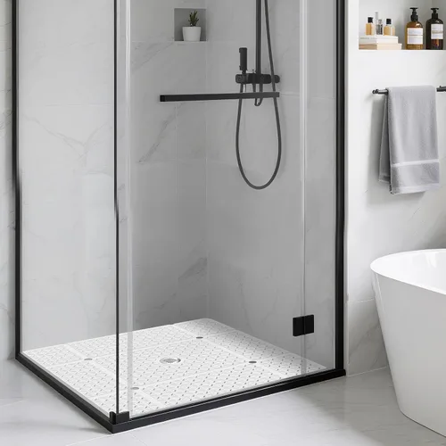 Miniatura 7 de Yolife Tapete de ducha cuadrado, 27 x 27 pulgadas, tapete de ducha grande con orificio de drenaje central, tapete de ducha antideslizante de TPE