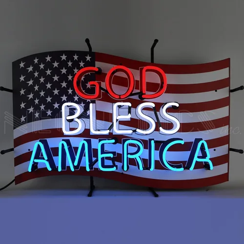 Letrero de neón con texto en inglés "God Bless America", tubos de vidrio real soplados a mano, color rojo brillante, blanco y azul, mide 30 pulgadas