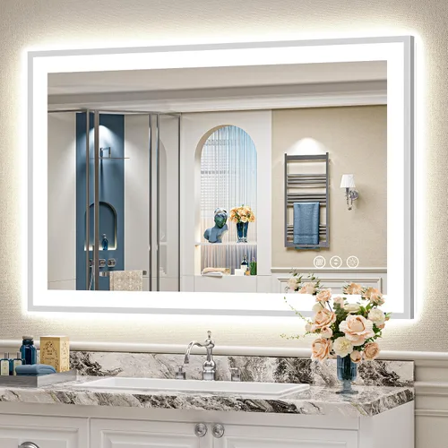 Miniatura 107 de 24x30 Espejo de baño LED con marco negro con luces, retroiluminado + iluminación frontal, espejo de tocador iluminado antivaho para pared de baño