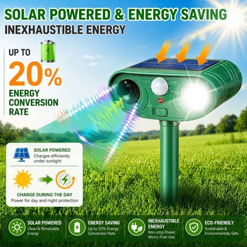 Miniatura 6 de Repelente solar ultrasónico de animales para exteriores, dispositivo disuasorio de gatos y repelente de ciervos, disuasorio de control de conejo