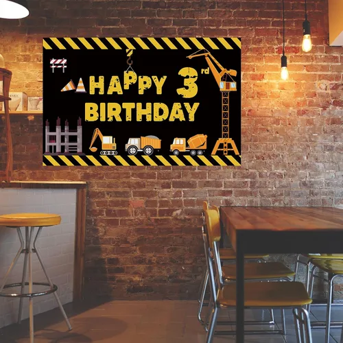 Miniatura 5 de Joyiou Cartel de fondo de decoración de feliz tercer cumpleaños con tema de construcción para niños y niños, tres años de edad, camión volquete
