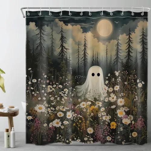 Miniatura 14 de LB Cortina de ducha espeluznante de Halloween, lindo fantasma en flores, árbol negro, luna llena, cortinas de ducha para baño, tela de poliéster