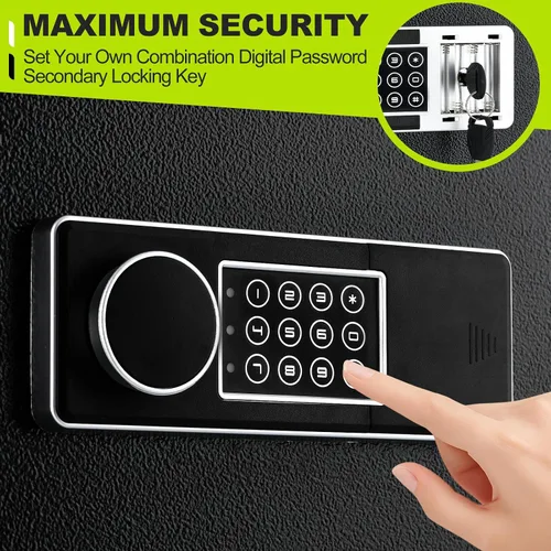 Miniatura 6 de Caja fuerte pequeña de 1.3 pies cúbicos para el hogar, caja de seguridad con bolsa ignífuga, teclado digital, llaves de repuesto y sistema