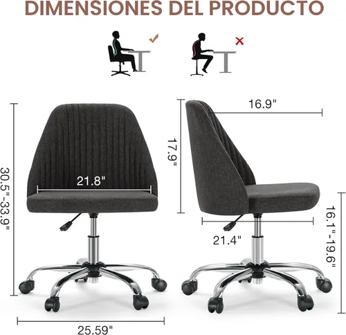 Miniatura 2 de DUMOS Silla de oficina, cómoda silla de escritorio rodante de tocador giratoria de trabajo con ruedas, asiento ancho, sin brazos, altura ajustable