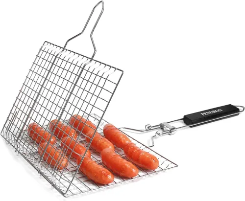 Miniatura 5 de Cesta para asar pescado, plegable, portátil, de acero inoxidable, para pescado, verduras, camarones con mango extraíble, viene con cepillo