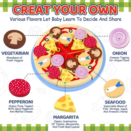 Miniatura 6 de Conjunto de Comida de Juguete de Pizza de Madera - 24 Piezas de Juguetes de Corte, Accesorios de Cocina de Juego de Simulación para Niños Pequeños