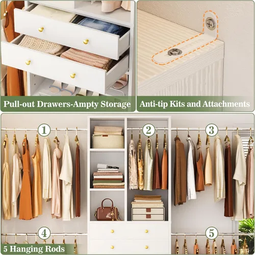 Miniatura 6 de Besiost Sistema de Armario, Organizador de Armario de 4.2 a 8.8 Pies con 2 Cajones y Estantes de Madera, Sistema de Vestidor con 5 Varillas