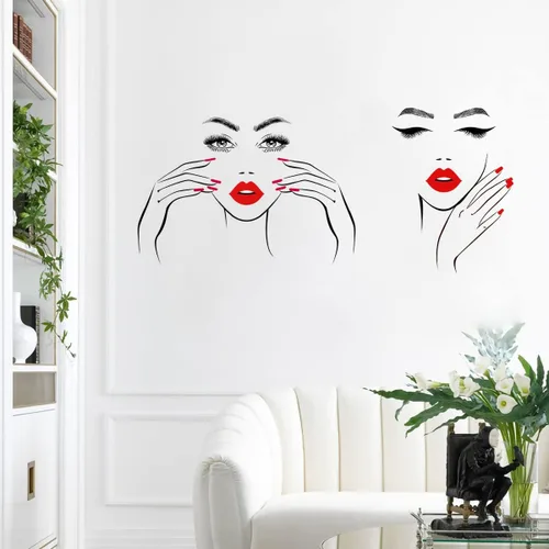 Miniatura 7 de Calcomanía de pared de cara sexy extraíble con ojos y labios rojos, calcomanías de pared para despegar y pegar, contorno de belleza, decoración