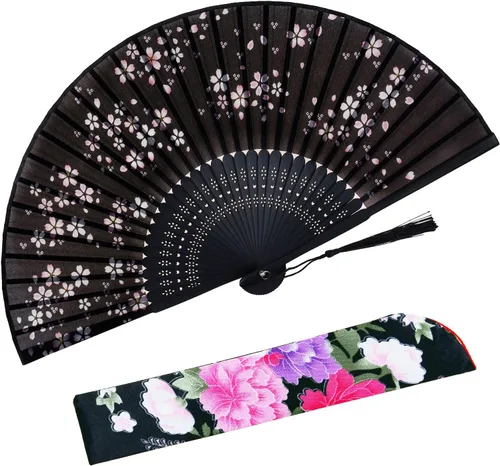 Abanico de mano para mujer plegable, abanicos de bambú y seda chinos/japoneses vintage, abanico de mano para baile, música festiva, boda, decoración