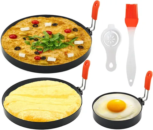 Miniatura 8 de Anillos redondos para huevos para freír huevos, paquete de 2 anillos de huevo de 3.5 pulgadas con mango de silicona, molde de huevo para sándwiches