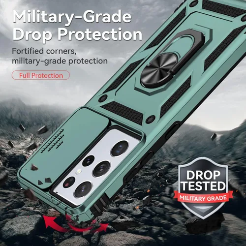 Miniatura 5 de Funda para teléfono S21 Ultra, con funda para cámara, [grado militar] 16 pies. Funda probada contra caídas con funda protectora magnética para Verde