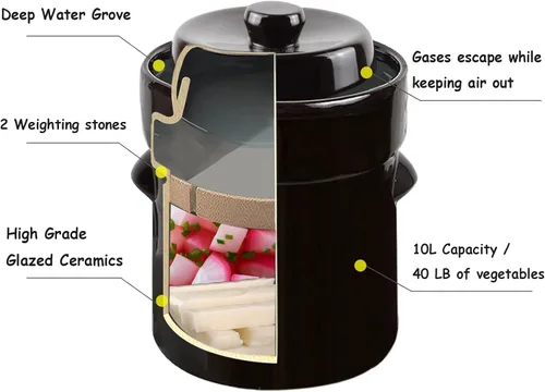 Miniatura 3 de Fermentation Crock Jar 10 litros/2.6 galones – Olla de gres para fermentación, decapado de kimchi, encurtidos, verduras, kombucha – fermentador